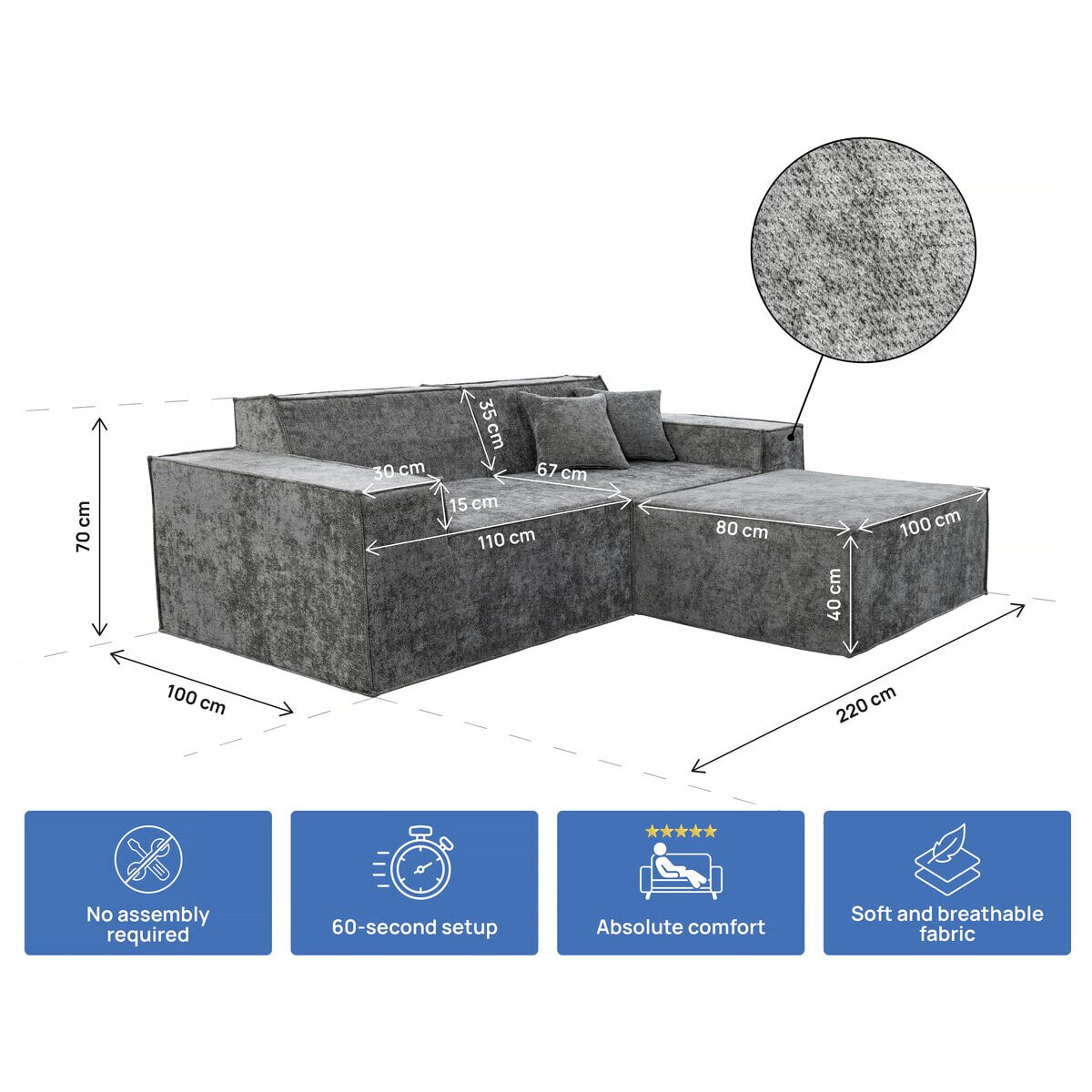 Canapé droit modulable avec ottoman en tissu texturé "Lusso" - 3 places - Gris