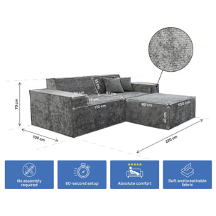 Canapé droit modulable avec ottoman en tissu texturé "Lusso" - 3 places - Gris