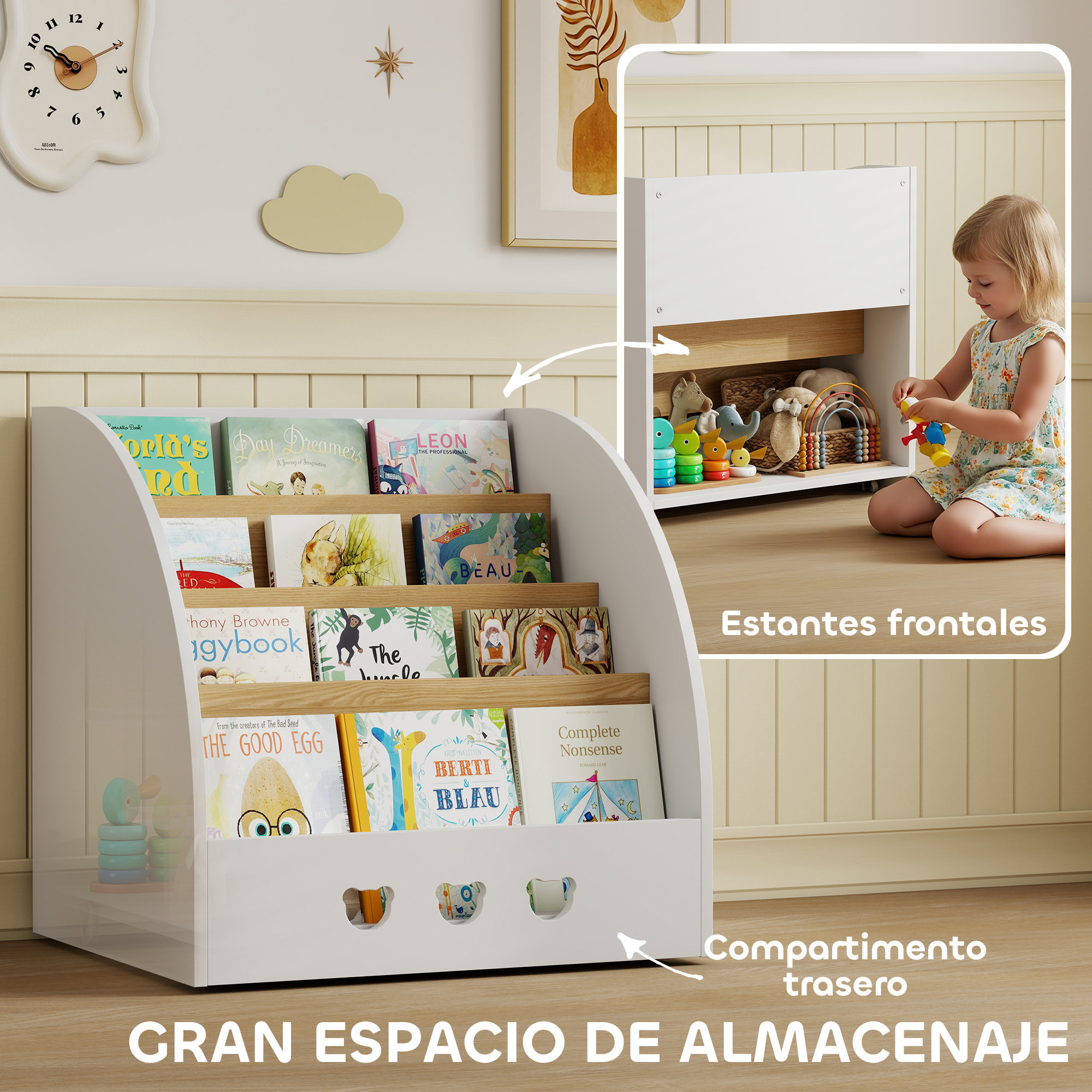 Estantería Infantil para Juguetes con Compartimento Oculto Organizador de Juguetes de 4 Niveles con Ruedas para Habitación Infantil Sala de Juegos Guardería Blanco y Natural