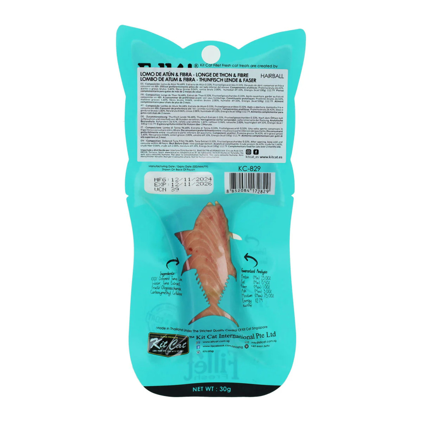 Kit Cat FilletFresh - Atún y Fibra 30 g Snack natural para gatos