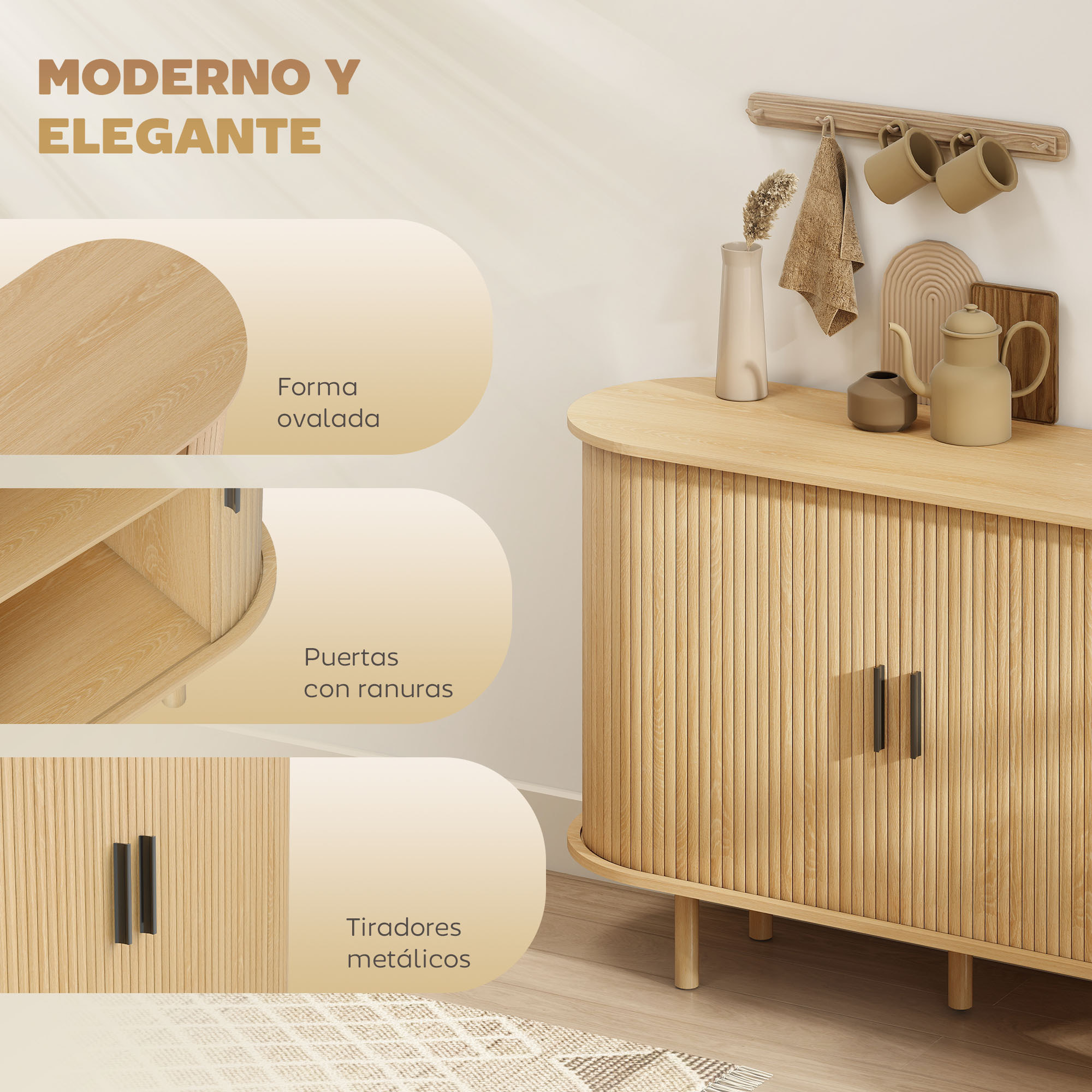 Aparador con Puertas Tambour Deslizantes, Aparador para Salón Moderno, con 4 Compartimentos y Patas de Madera, para Cocina, Entrada, Dormitorio, Roble, 120x40x78 cm