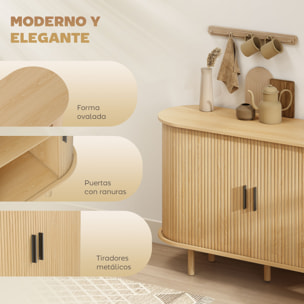 Aparador con Puertas Tambour Deslizantes, Aparador para Salón Moderno, con 4 Compartimentos y Patas de Madera, para Cocina, Entrada, Dormitorio, Roble, 120x40x78 cm