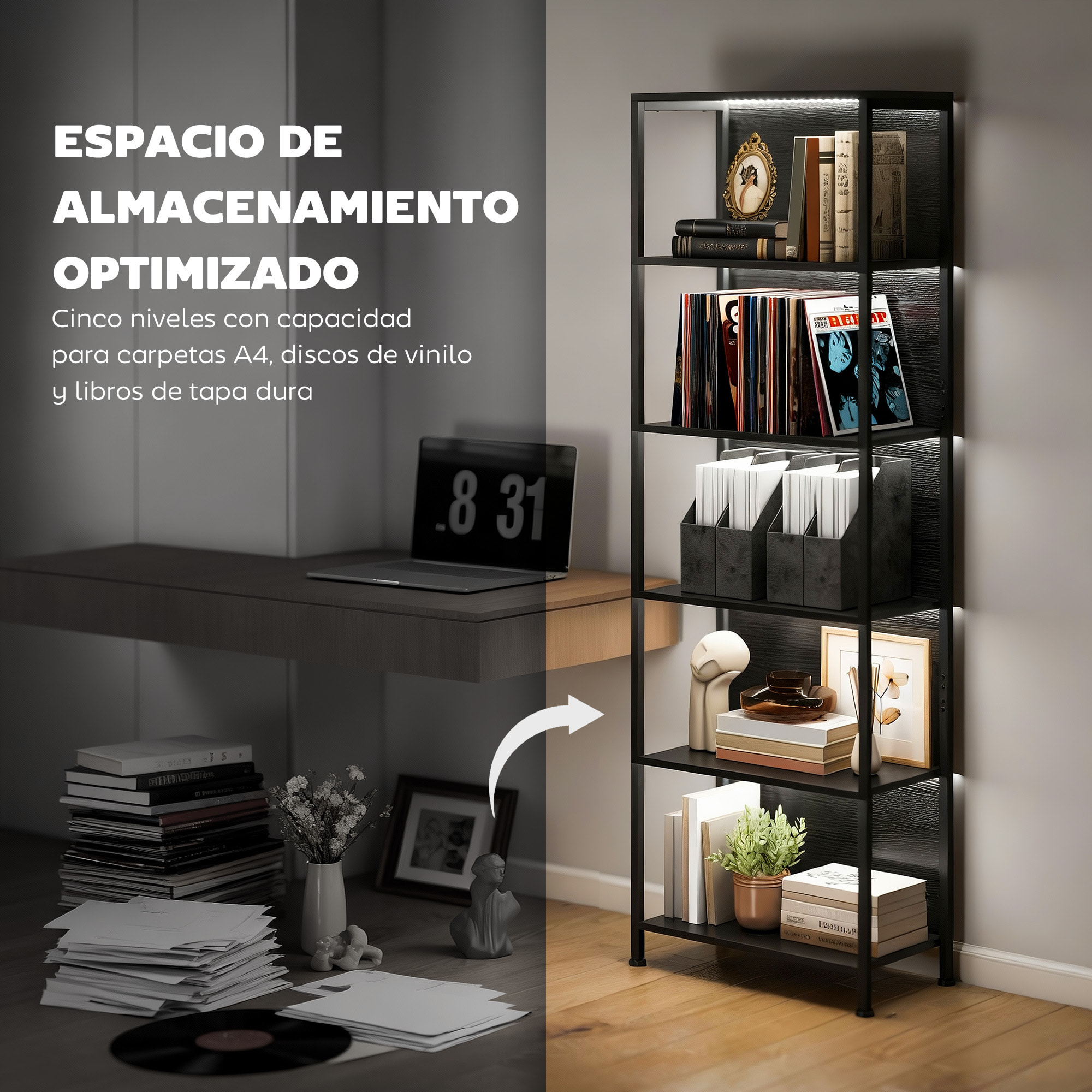 Librería de 5 Niveles con Luces LED de 7 Colores, Estantería para Libros, 60x30x179 cm, Estantería Industrial con Marco de Acero, para Salón, Dormitorio, Estudio, Oficina, Negro