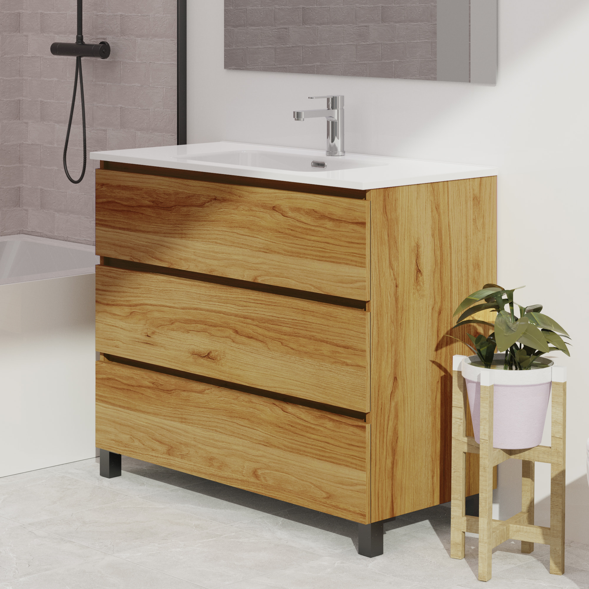 Conjunto de baño Wink | 100 cm Teka | Tres cajones | Lavabo encastrado | No incluye espejo | Mueble montado | Alday