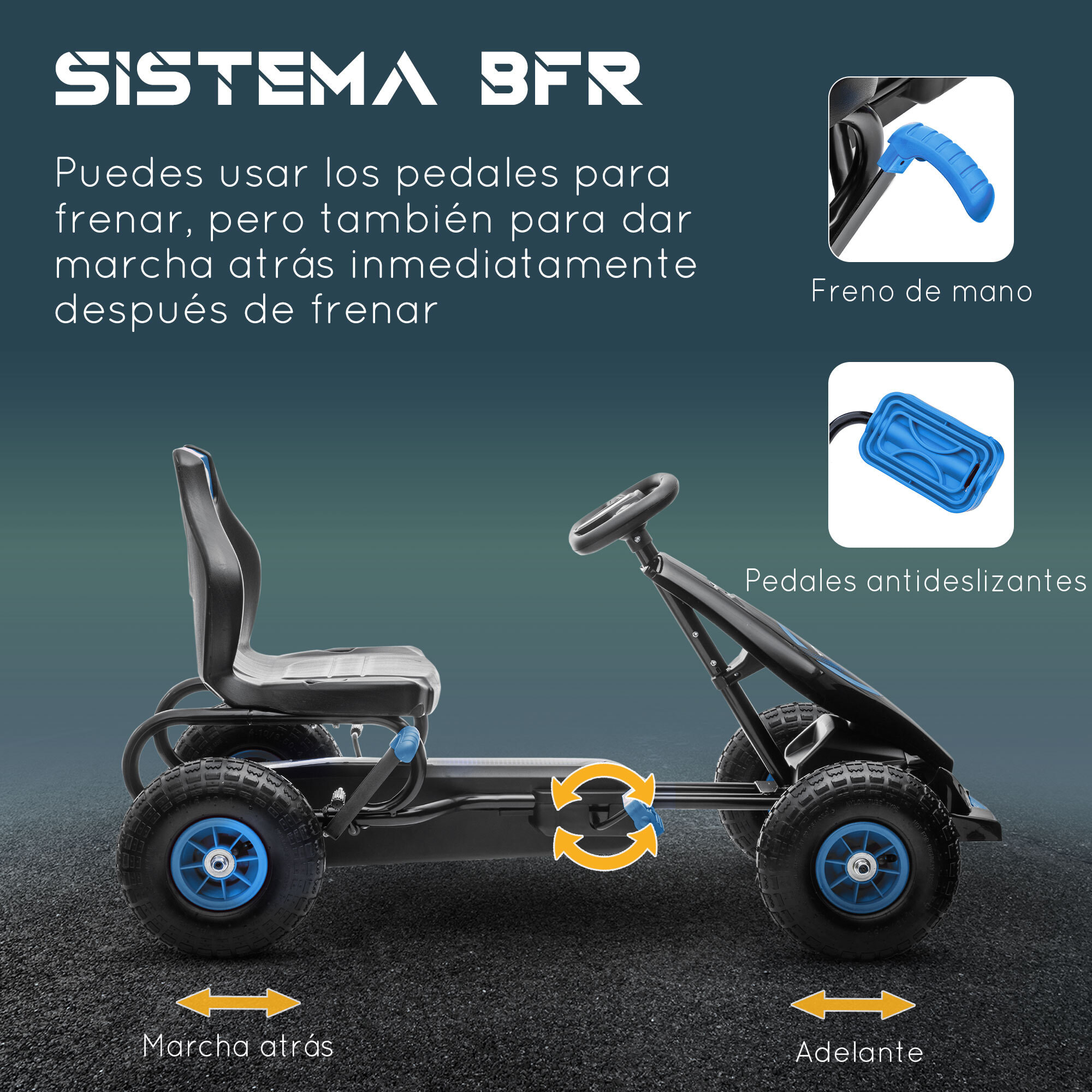 Coche Infantil de Pedales Go Kart a Pedales para Niños de 5-12 Años con Asiento Ajustable Neumáticos Inflables Amortiguador y Freno de Mano Carga 50 kg 121x58x61 cm Azul