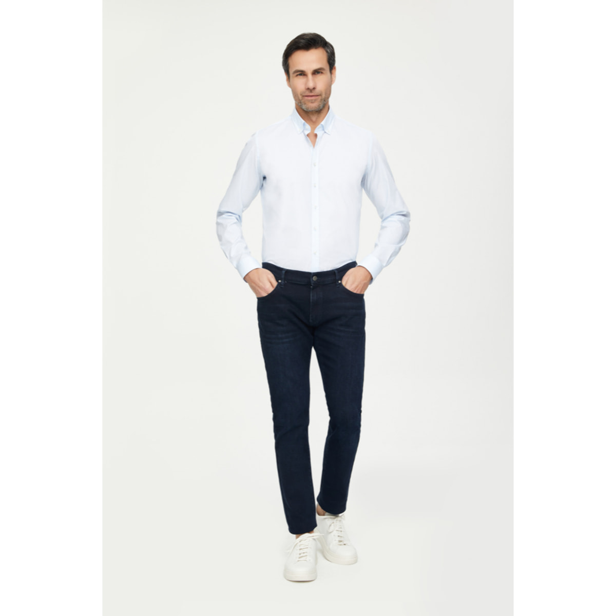 Camicia Uomo 1 Bottone Button Down Slim Popeline Stretch Unito Celeste