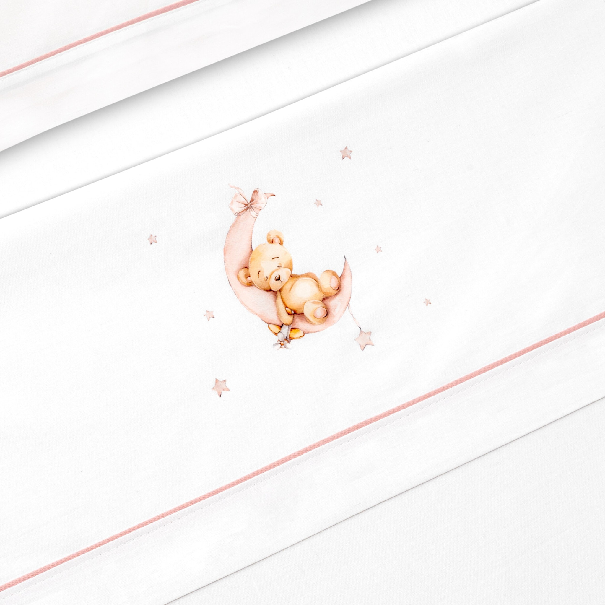 Triptico Cuna Estampado Oso Luna Estrellas + Broche Bco/Rosa