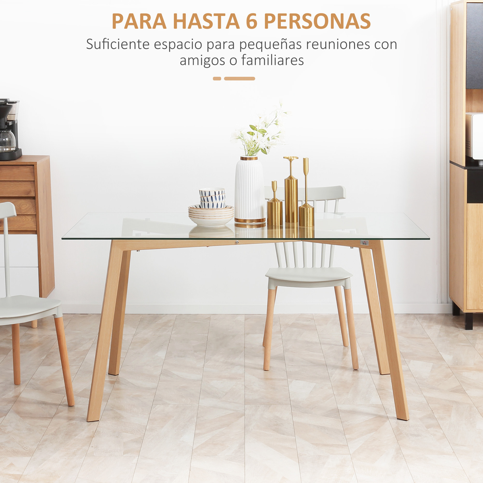 Mesa de Comedor para 6 Personas Mesa de Cocina Moderna con Tablero de Vidrio Templado y Patas de Acero con Efecto Madera para Salón 150x75x76 cm Transparente