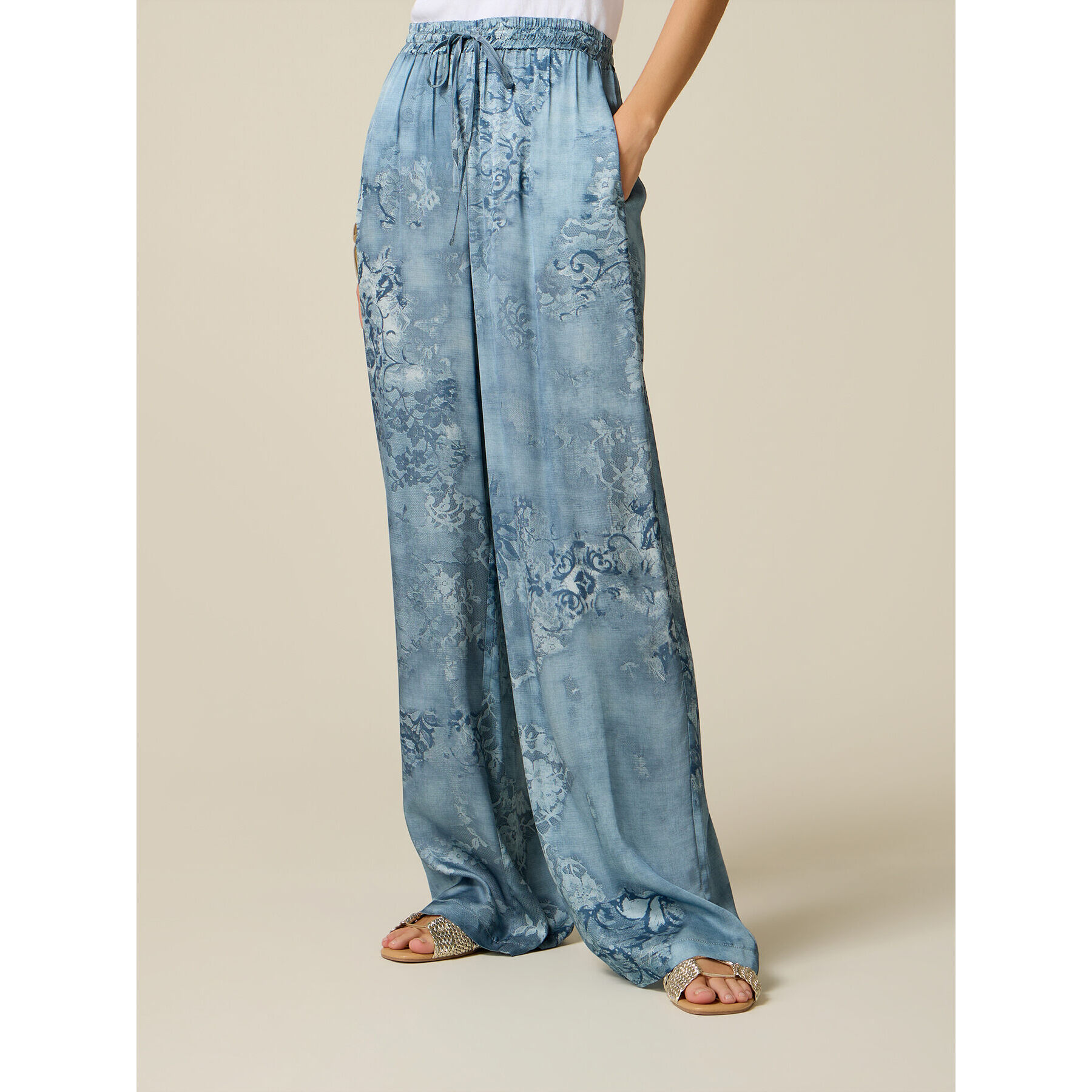 Oltre - Pantalones palazzo en raso de viscosa - Light - blue