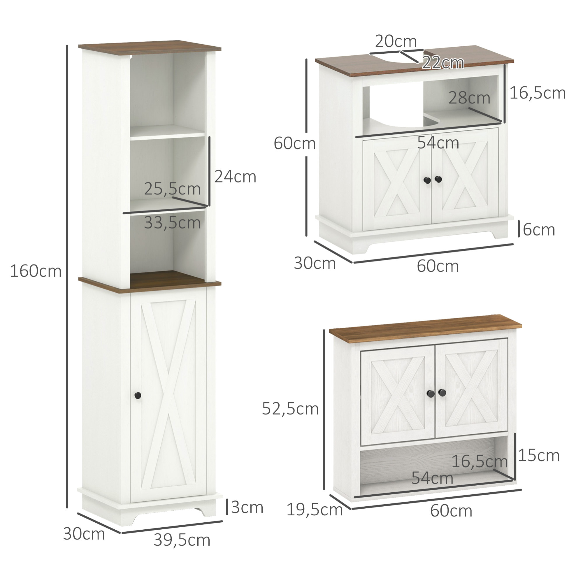 Conjunto de Baño Incluye 1 Mueble para Debajo del Lavabo 1 Armario Alto de Baño y 1 Armario de Pared para Baño Estilo Clásico Blanco