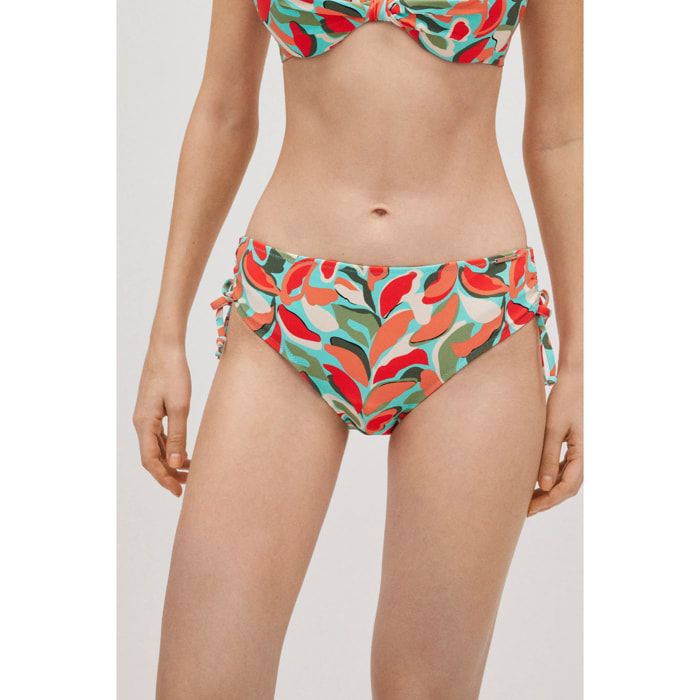 Slip bikini snellente midi in micropiqué con stampa tropicale