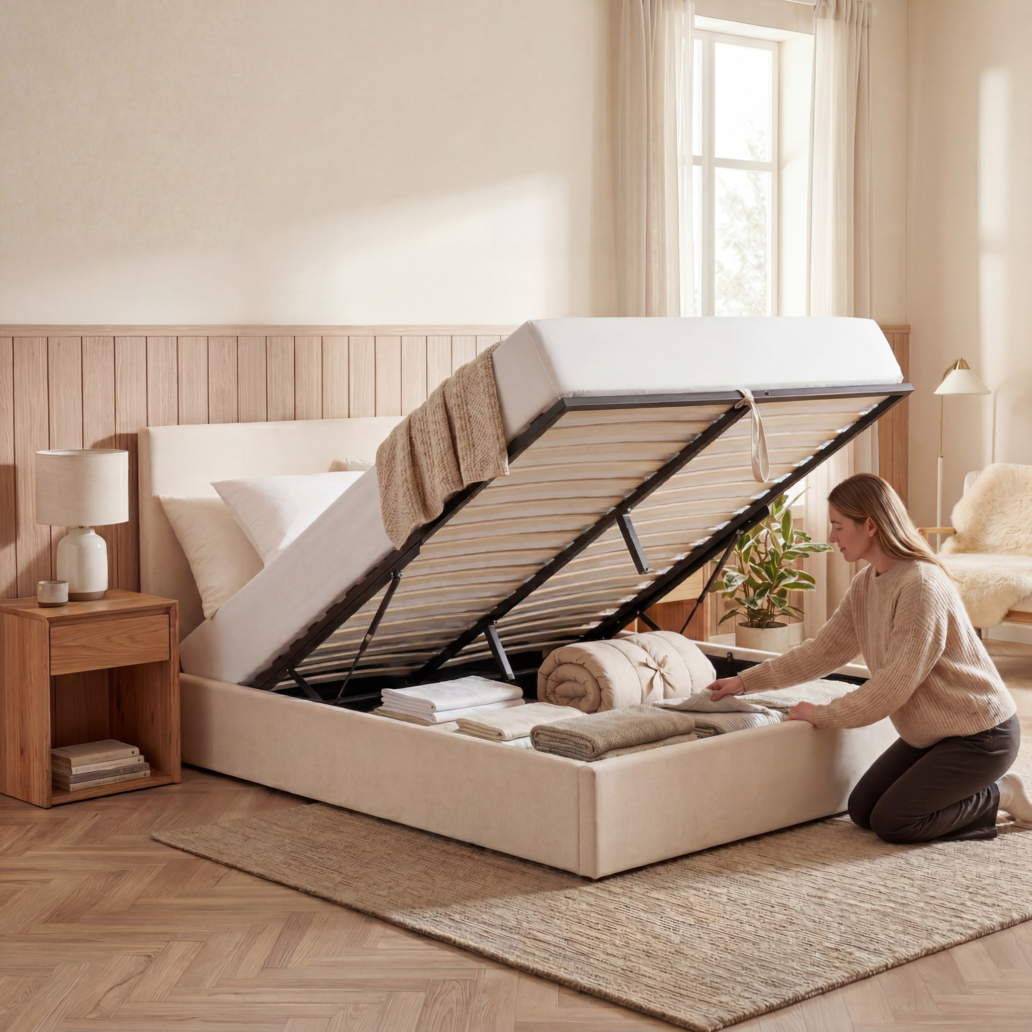 Lit Coffre Nemesis en Velours Beige, Grand espace de rangement, avec Tête de Lit, Sommier à Lattes Actives, Design et confortable