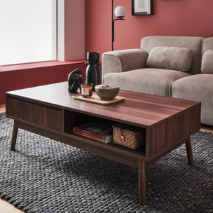 Table basse scandinave rectangulaire décor bois rainuré 1 tiroir LINEAR
