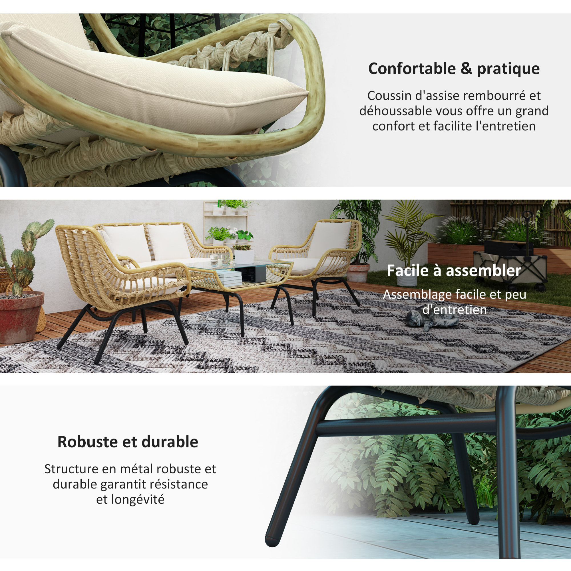 Salon de jardin 4 places – Style exotique – Coussins inclus