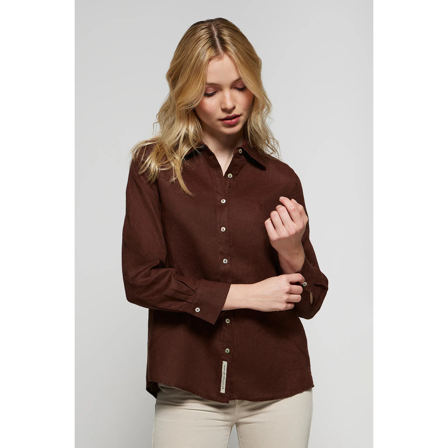 Camicia marrone in lino con particolare ricamato Rigby Go