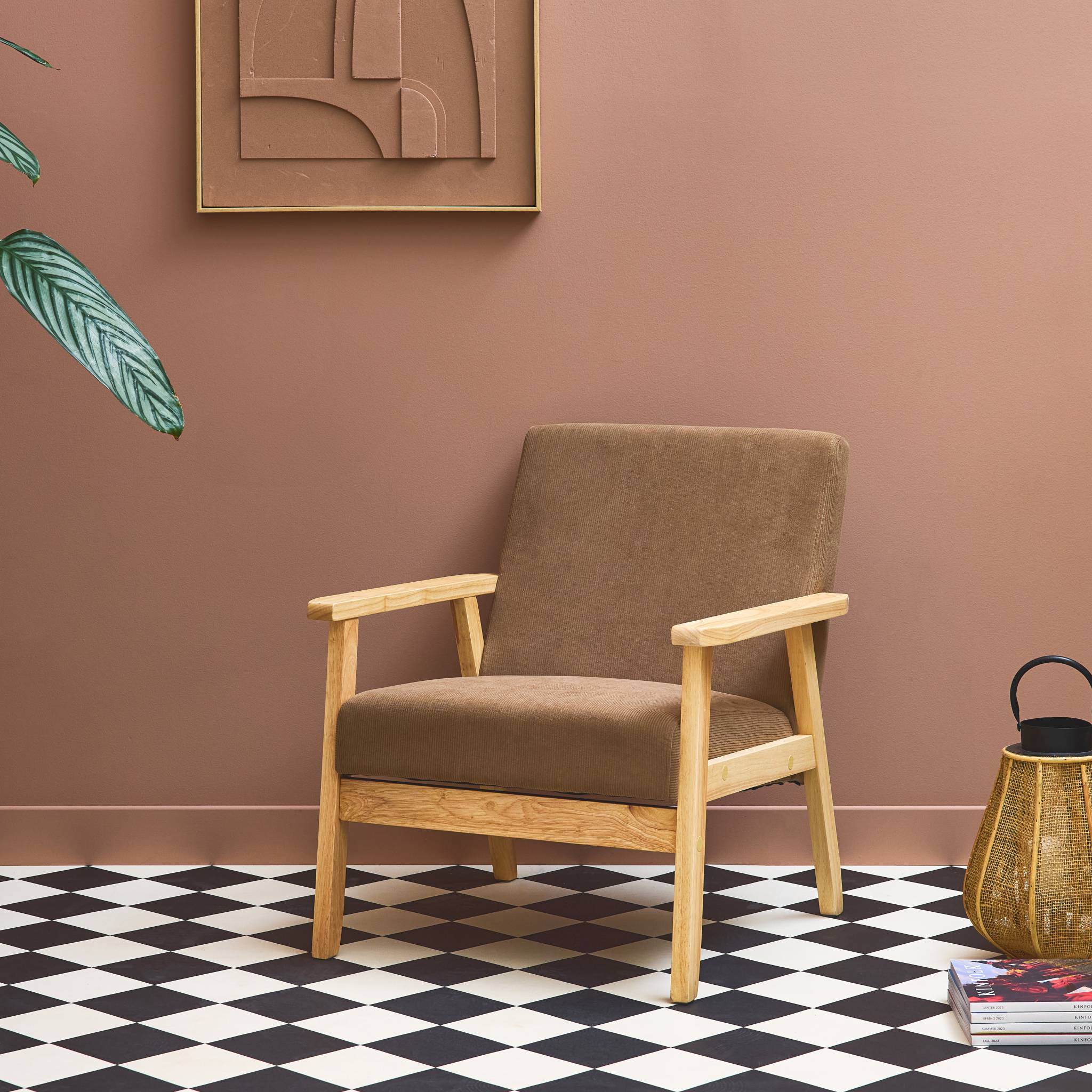 Fauteuil vintage / scandinave structure en bois et contreplaqué et assise en velours côtelé taupe