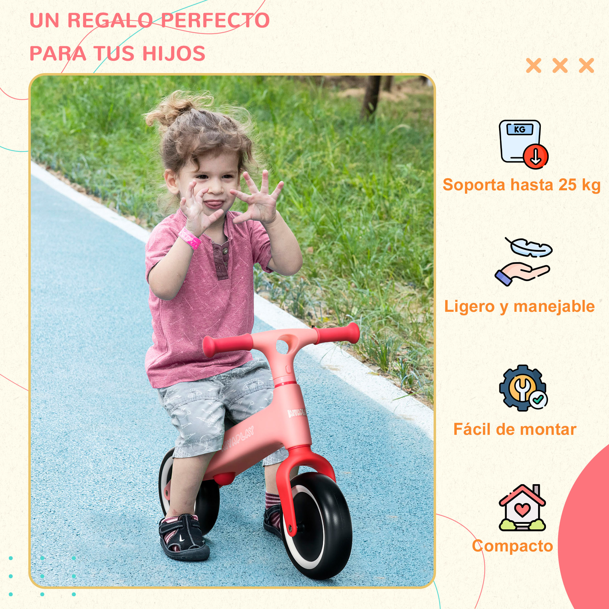 Bicicleta sin Pedales para Niños de 18-36 Meses Bicicleta de Equilibrio con Asiento Ajustable en Altura Carga 25 kg 67,5x32x44 cm Rosa