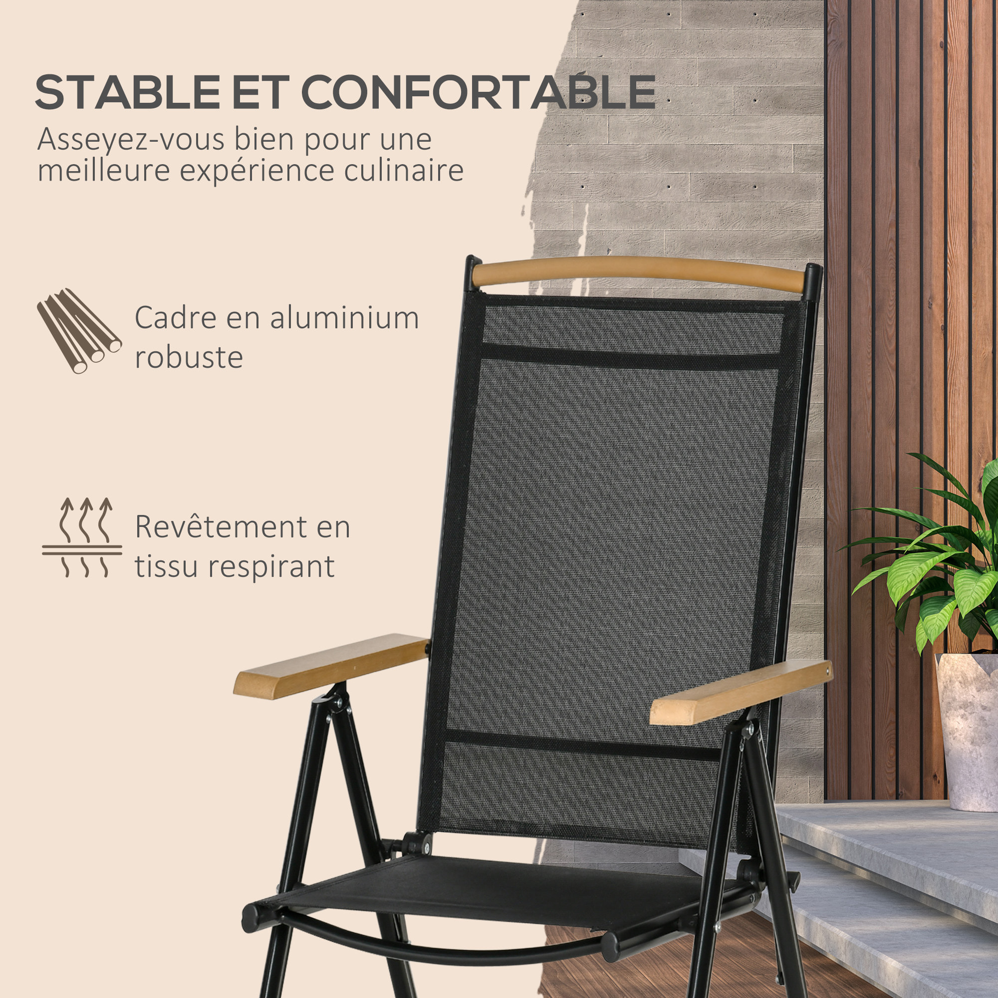 Ensemble table de jardin 6 personnes - chaises pliables inclinables accoudoirs - alu textilène noir plastique effet bois
