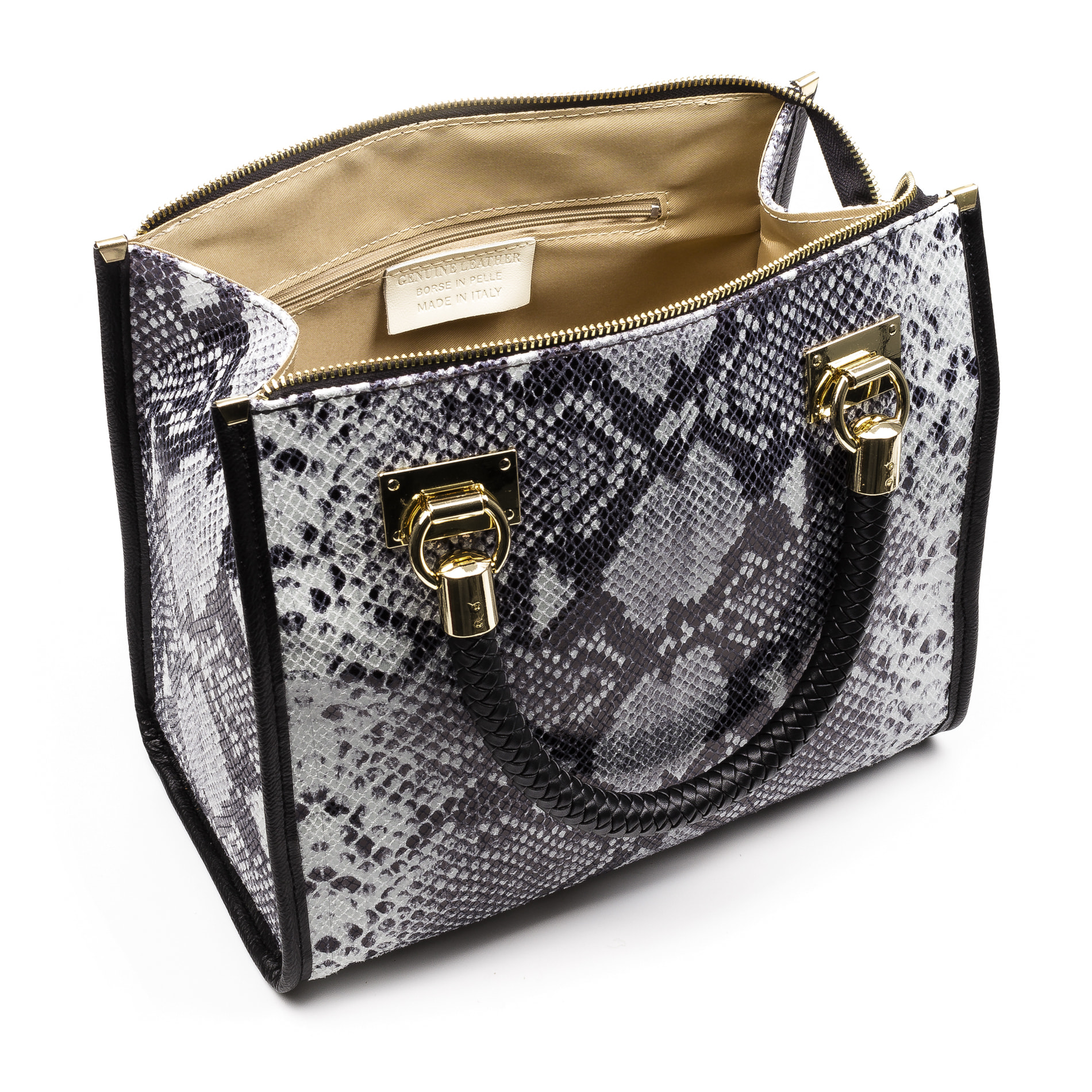 FIRENZE ARTEGIANI Catena Borsa Tote da Donna. Vera Pelle Scamosciata Pitone Made in Italy 31x16x26 Cm. Grigio