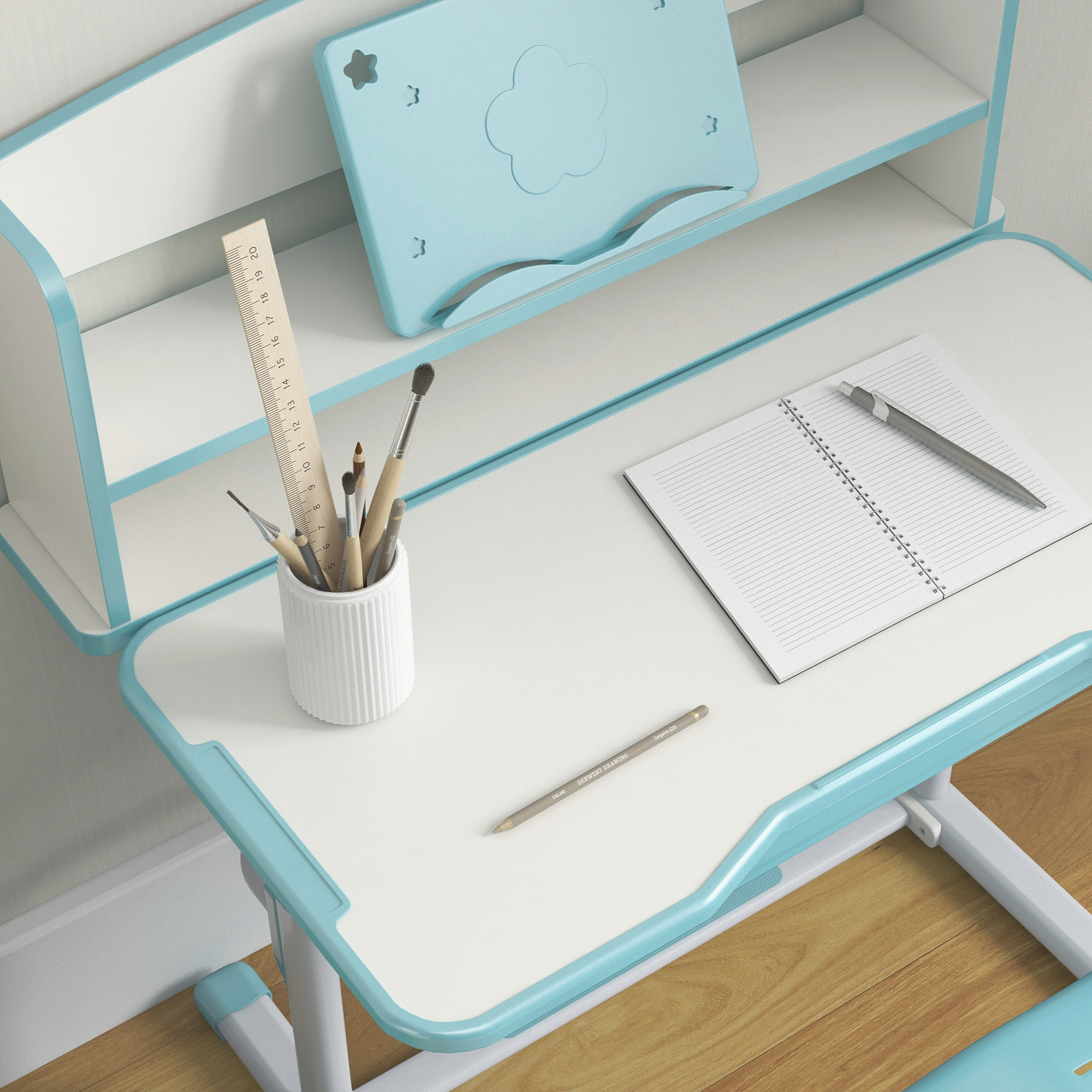 Juego de Escritorio y Silla para Niños de 6-12 Años Pupitre Infantil Altura Ajustable con 1 Cajón 1 Estante para Libros y Ángulo de Mesa Ajustable 80x54,5x82-104 cm Azul y Blanco