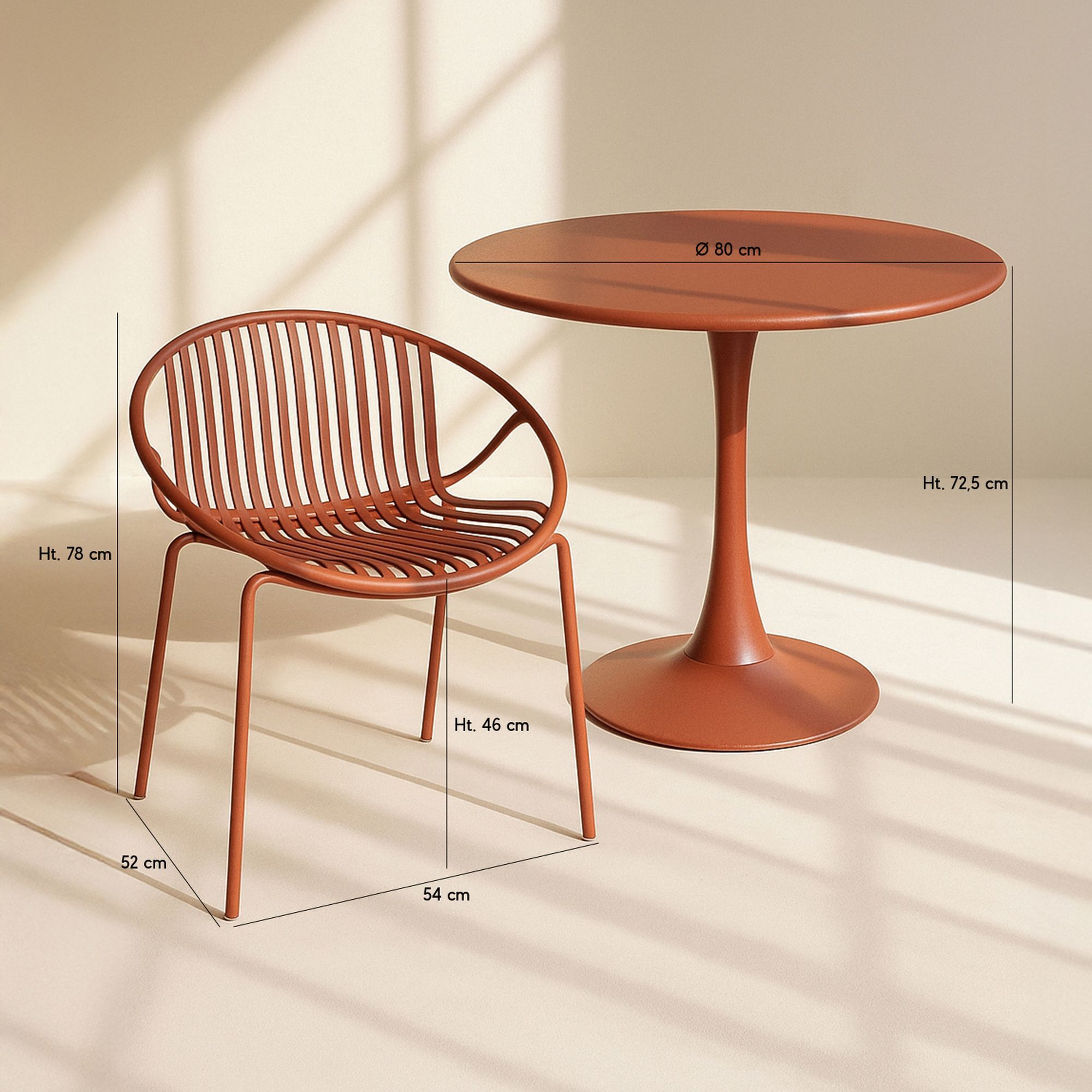 Ensemble de repas table et 4 fauteuils en polypropylène brique CALYPSO