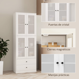 Alacena de Cocina Alta, Mueble Auxiliar de Cocina, con 4 Puertas de Vidrio, 2 Cajones, Estantes Ajustables, 59x30x170 cm, Blanco