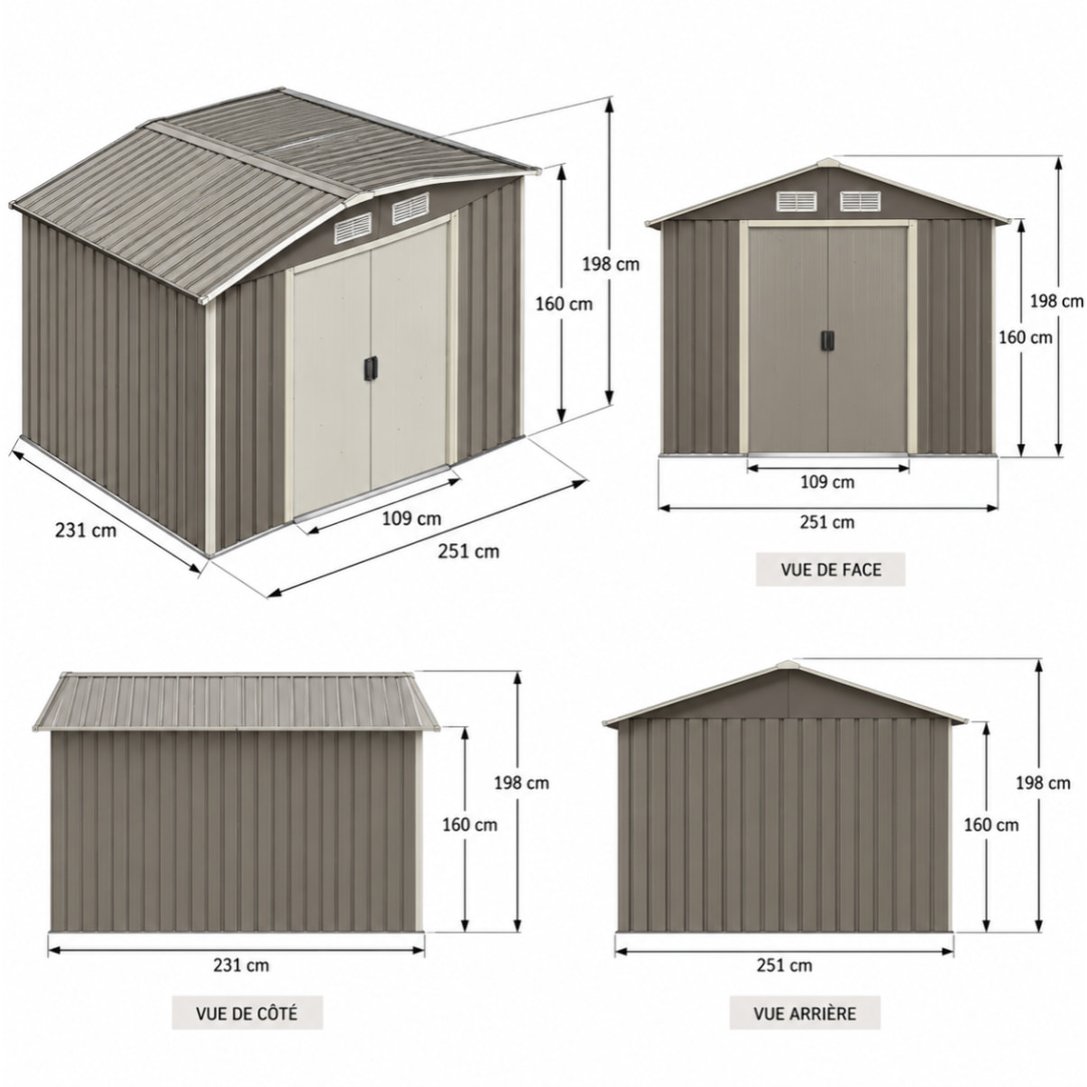 Abri de jardin métal gris/vert 5,8 m² + kit d'ancrage