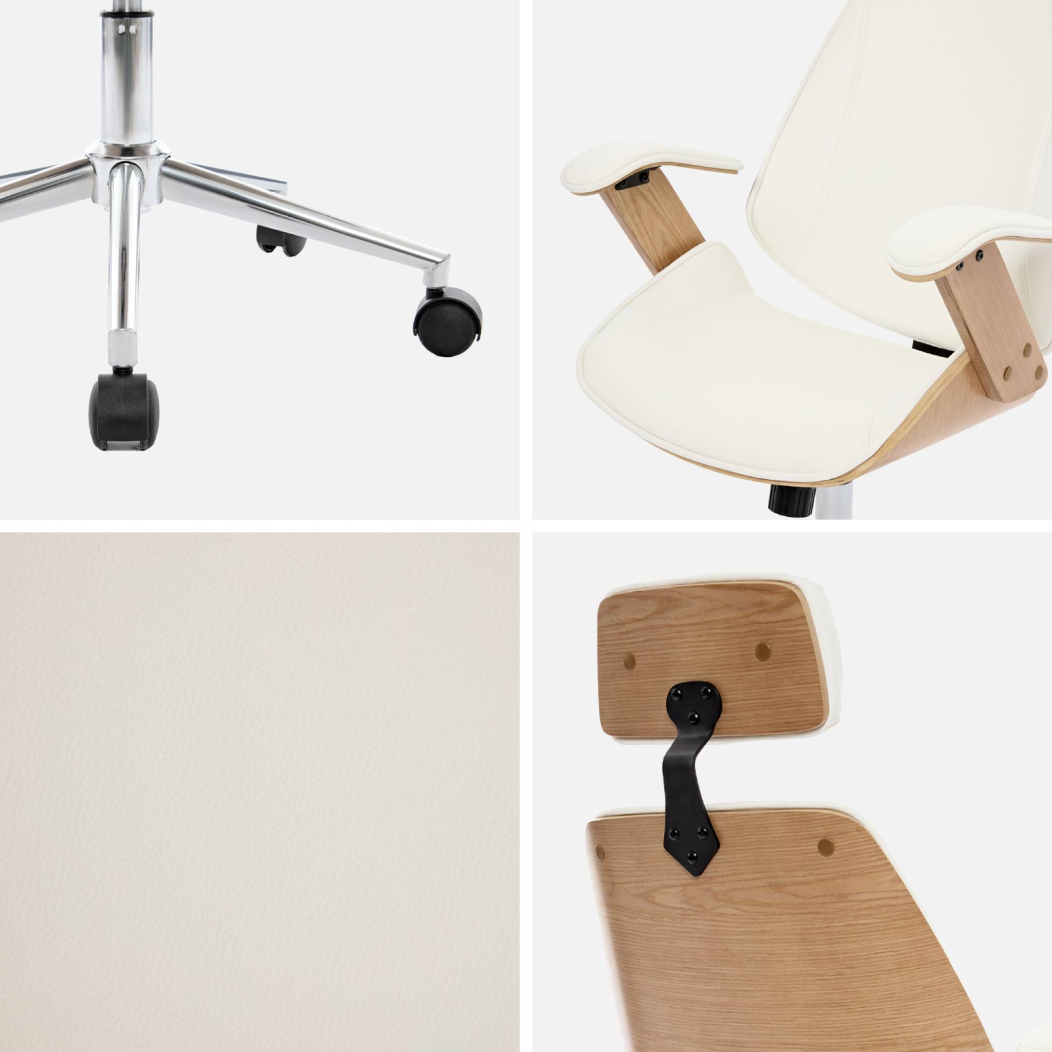 Chaise de bureau à roulettes décor bois courbé placage effet chêne et simili cuir blanc