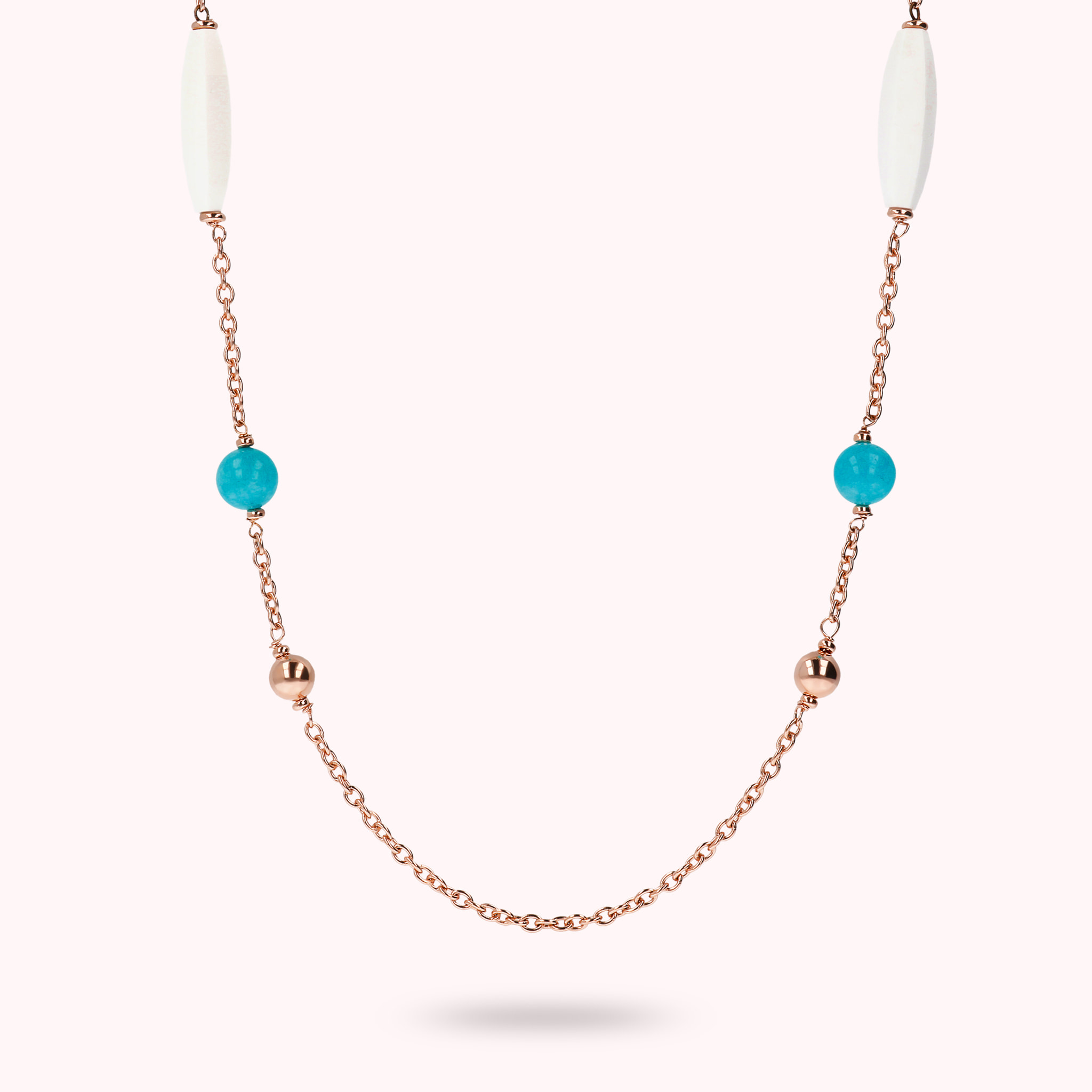Collana Lunga con Bead Lucide, Quarzite Turchese e Agata Bianca
