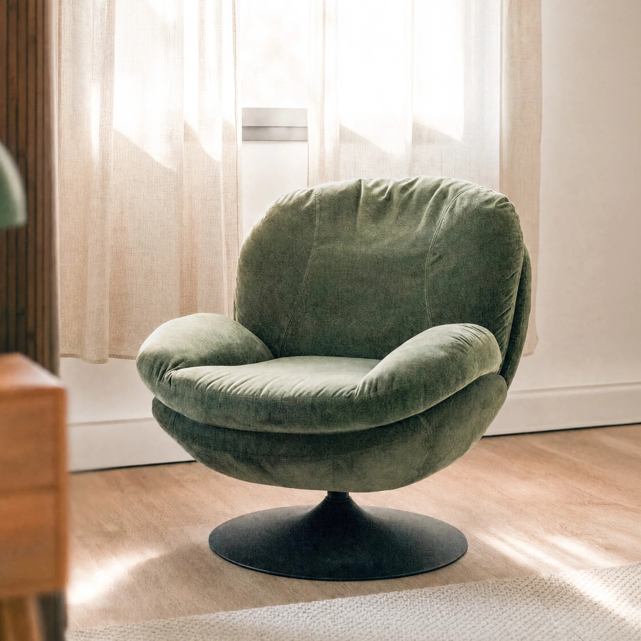Fauteuil pivotant en tissu effet velours vert kaki - Ricci