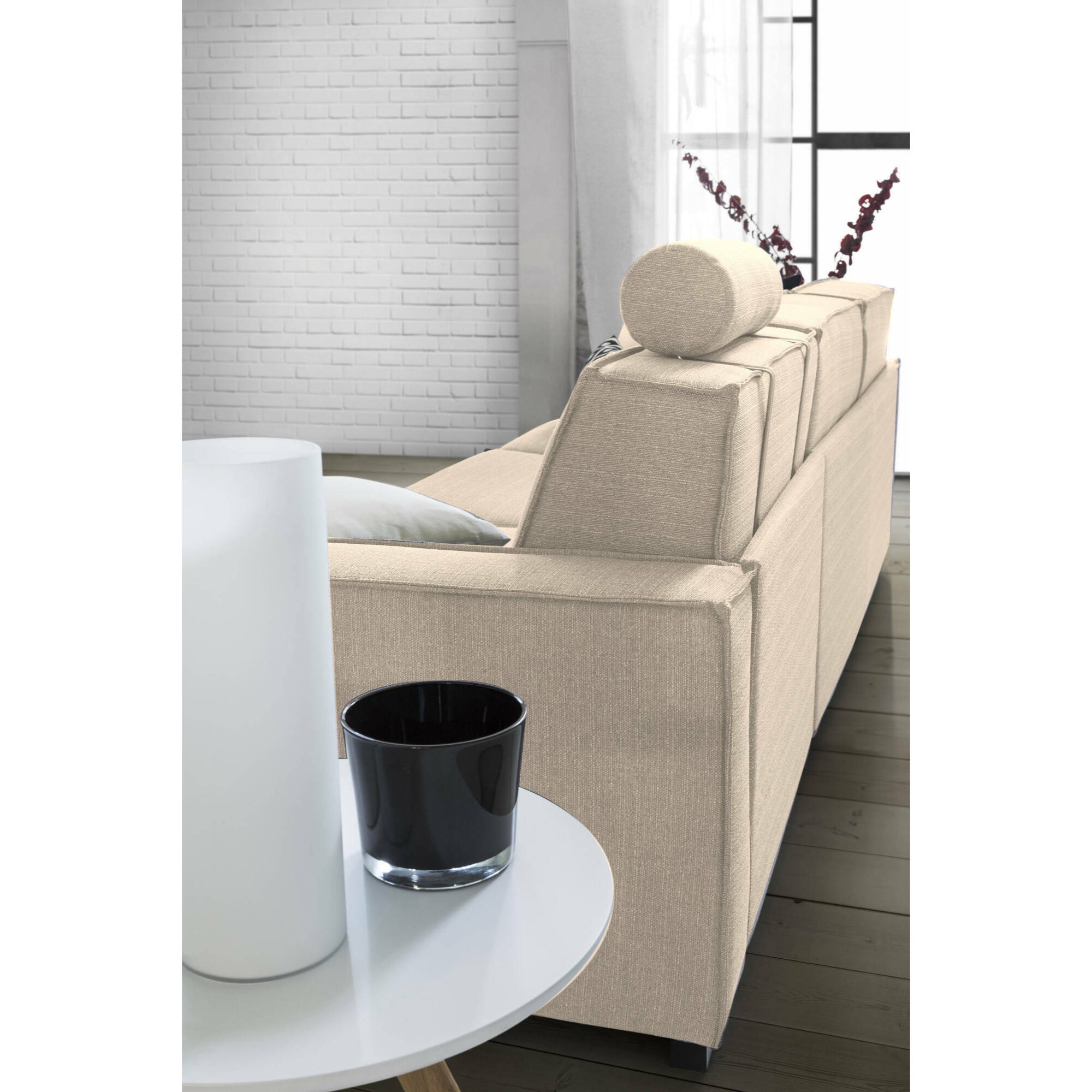 Divano letto con penisola Achico, Sofà apertura girevole, Penisola contenitore Destra, Braccioli standard, 100% Made in Italy, Cm 280x95h90, Beige