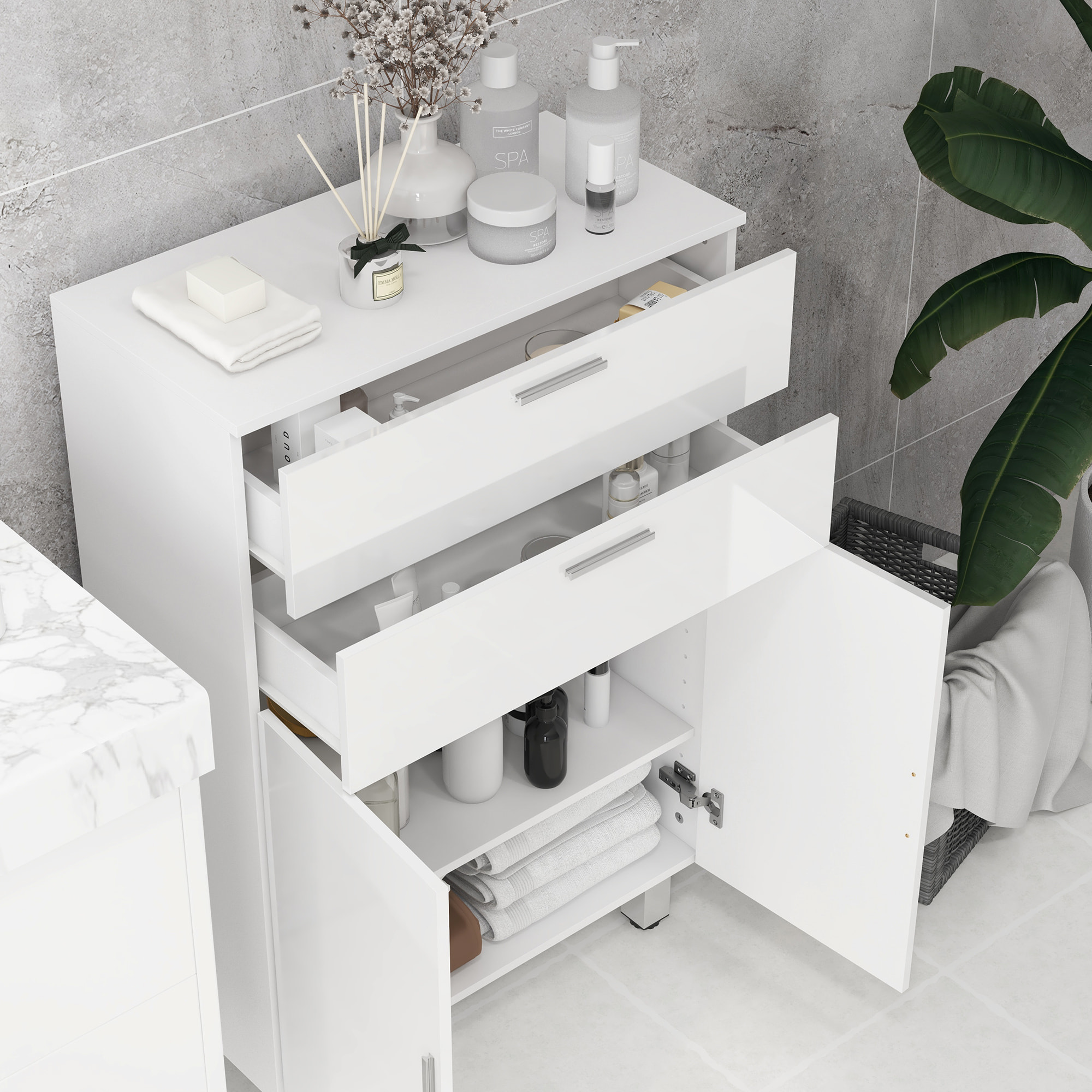 Mueble Auxiliar Baño Moderno Armario de Baño con 2 Cajones Armario y Estantes Ajustables Mueble de Almacenaje para Salón Dormitorio Antivuelco Carga 35 kg 60x30x93 cm Blanco Brillante