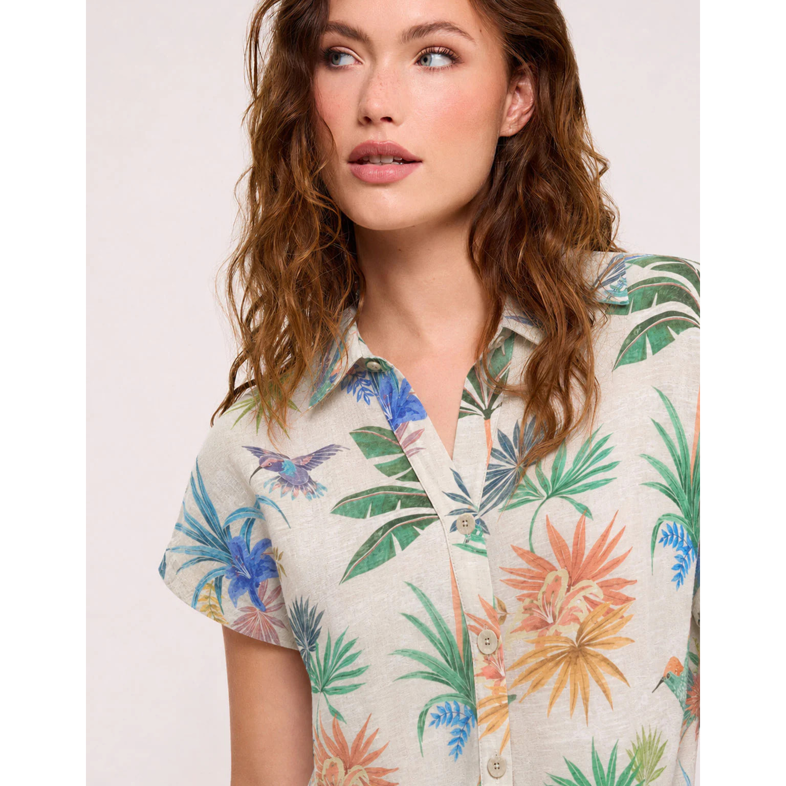 Camisa Colibríes Manga Corta Beige - Calibris