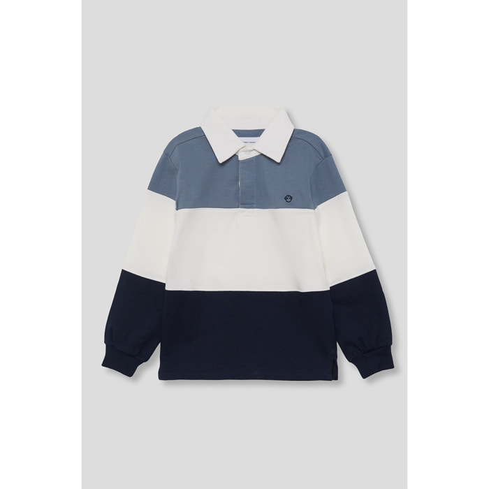 Polo niño de manga larga azul, blanco y marino de franjas anchas, cuello clásico y botones ocultos | Color: Azul medio | Street Monkey