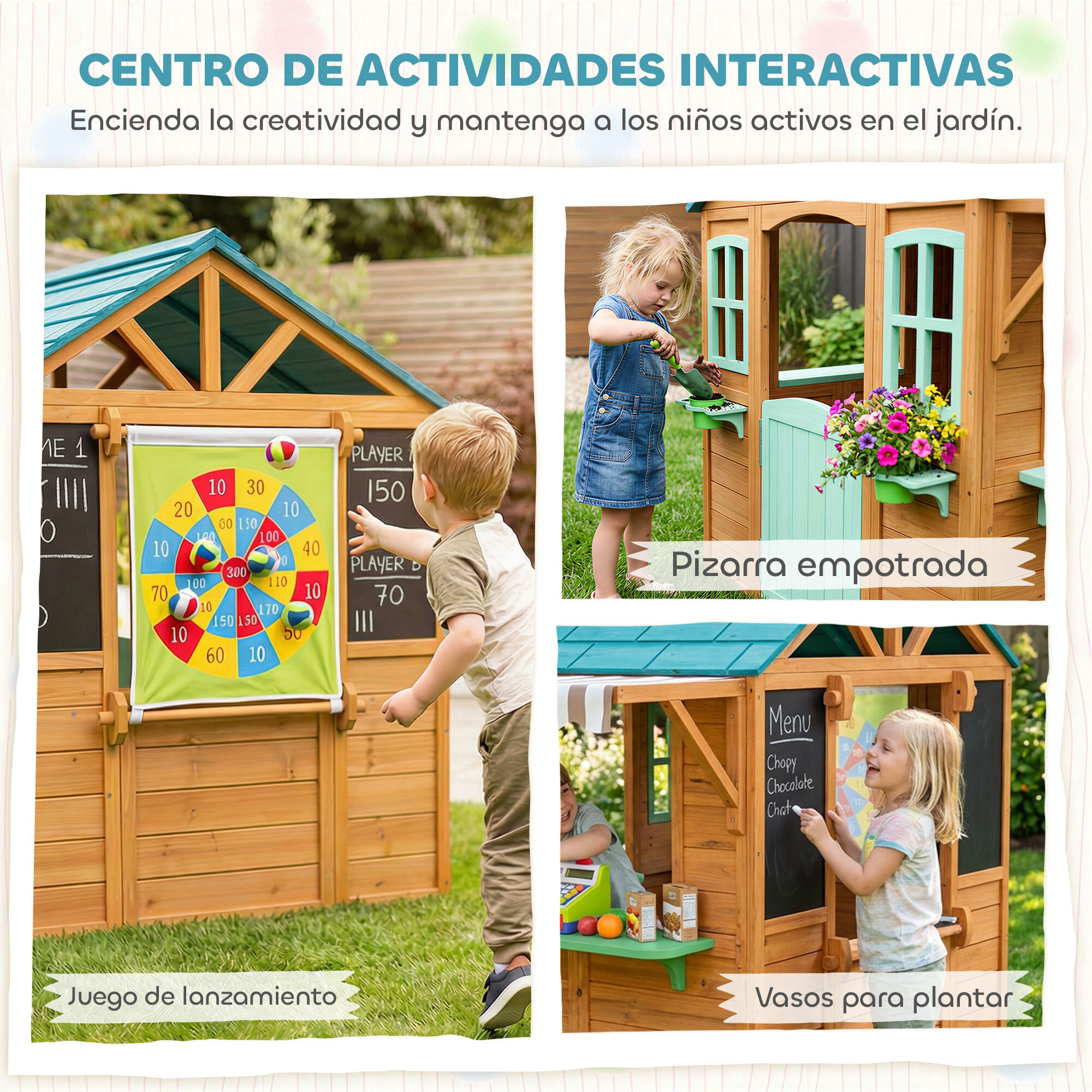 Casita Infantil Exterior e Interior de Madera, Casita Infantil con Barra de Snack, Maceteros, Pizarra, Ventanas, Tela para Tiro y 4 Pelotas, Casa de Jardín para Niños de 3-6 Años, Multicolor