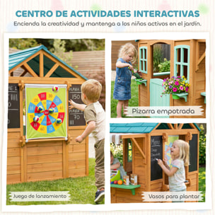 Casita Infantil Exterior e Interior de Madera, Casita Infantil con Barra de Snack, Maceteros, Pizarra, Ventanas, Tela para Tiro y 4 Pelotas, Casa de Jardín para Niños de 3-6 Años, Multicolor