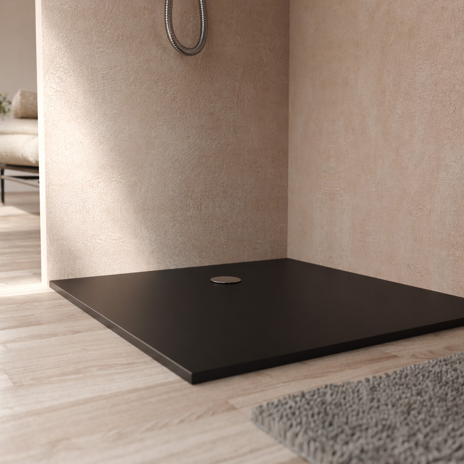 Receveur 120x90x2.6cm Extra-plat en Polybéton Noir Mat Effet Soft-touch - Redécoupable - NELSON