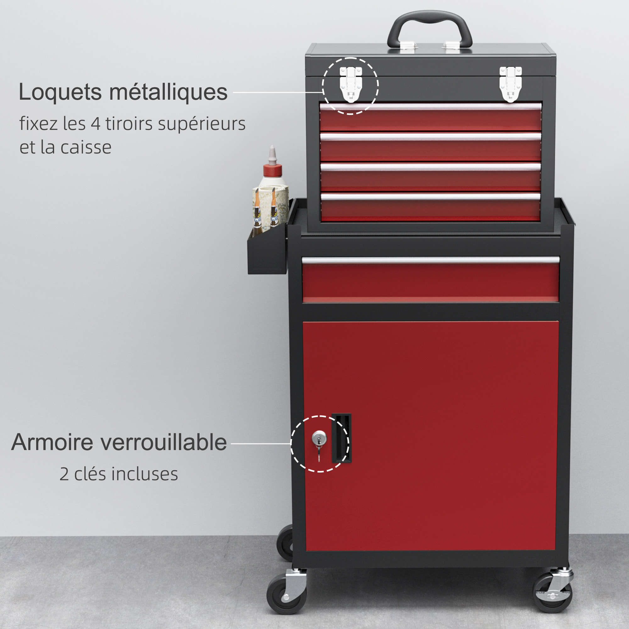 Servante d'atelier -  chariot d'atelier d'outillage - 5 tiroirs, porte verrouillable - caisse à outils amovible - acier rouge noir