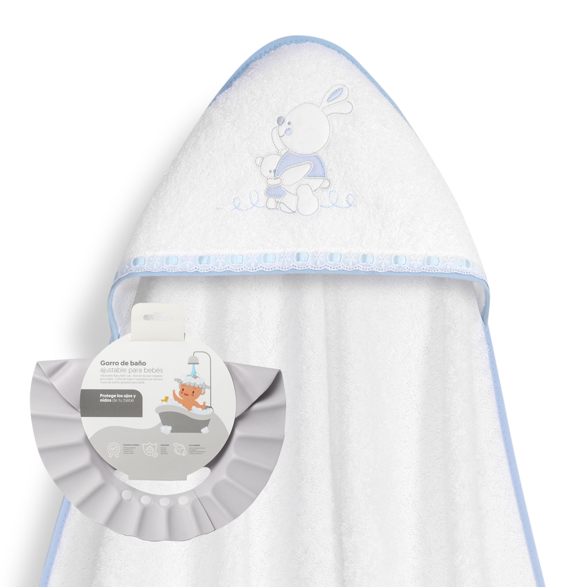 Capa Baño 1X1 Mod Conejitos Abrazos Pasacinta + Gorro Bco/Azul