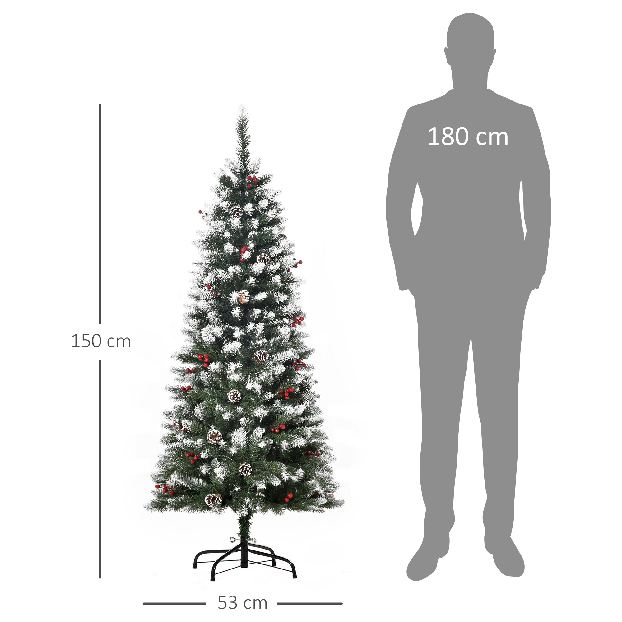 HOMCOM árbol de Navidad Artificial Plegable 150 cm con Nieve Ignífugo con 408 Ramas 28 Bayas 24 Piñas Hojas de PVC Apertura Automática y Soporte Metálico Decoración Navideña para Interior Verde