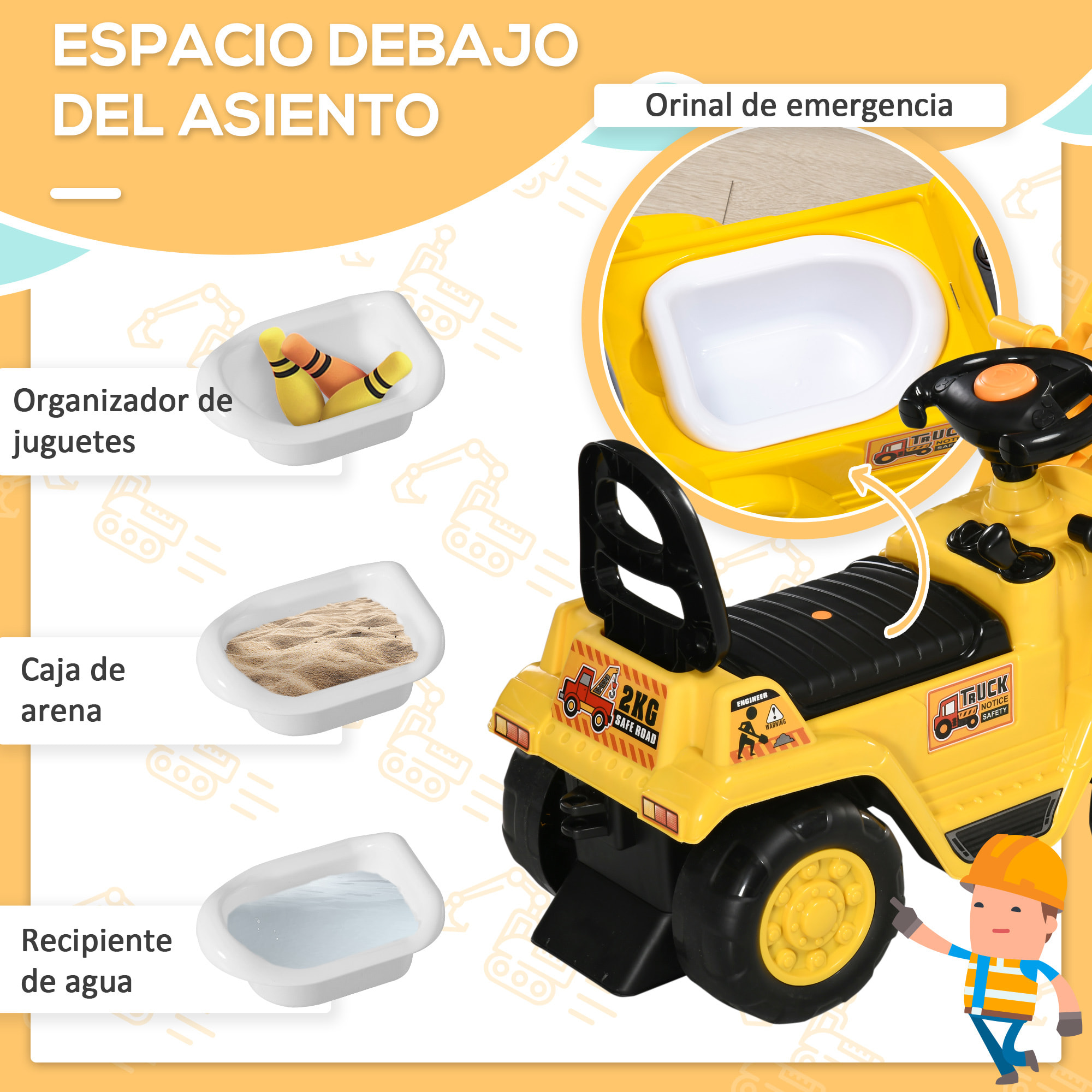 Tractor sin Pedales Excavadora para Niños de +3 Años con Bocina Asiento de Almacenamiento Oculto y Pala Móvil Carga 30 kg 83x27x39 cm Amarillo