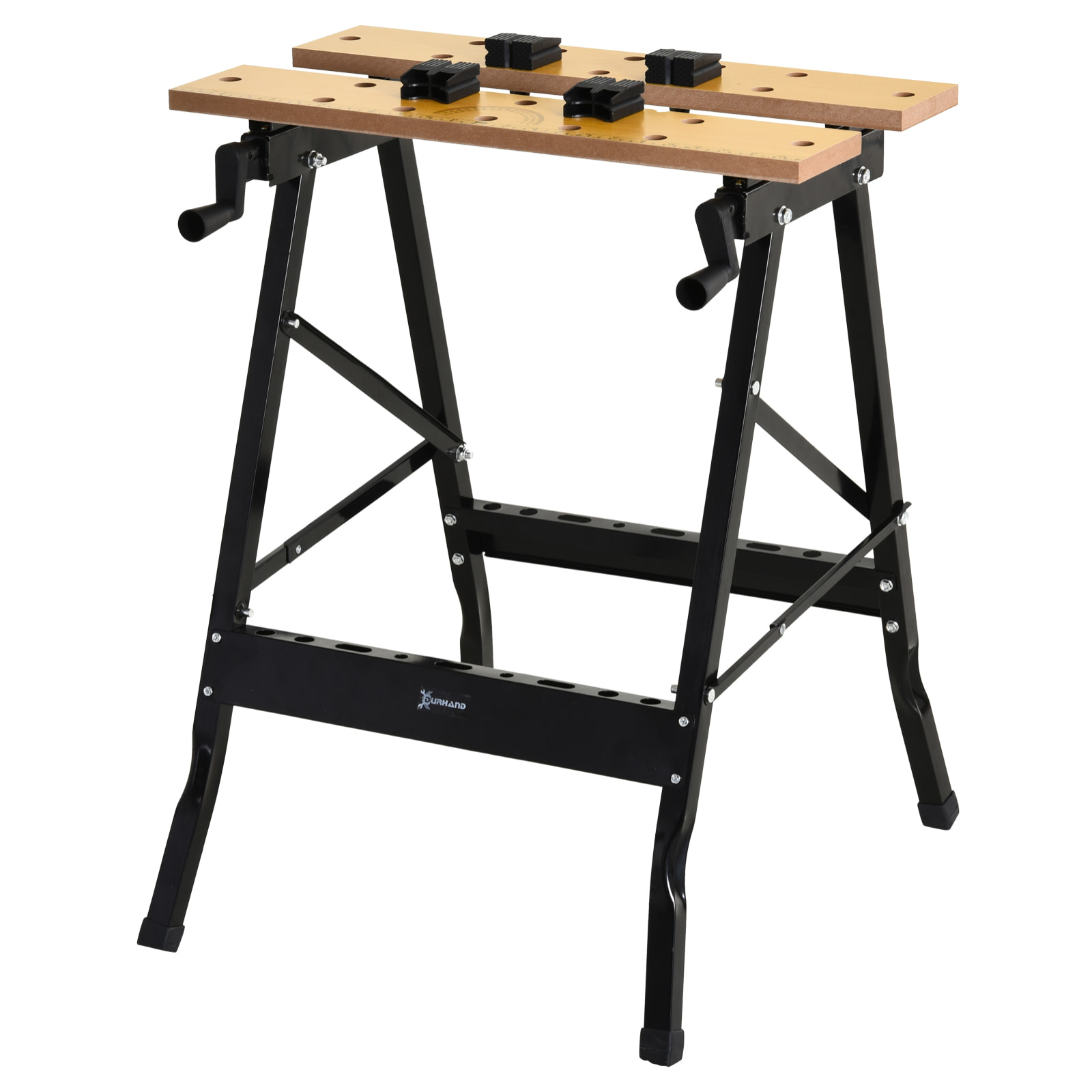 DURHAND Banco de Trabajo Plegable Mesa de Trabajo Portátil con 4 Abrazaderas Agujeros para Sierra Uso Doméstico Carpintería Hierro MDF Soporta 70 kg 56x62x75 cm Natural Negro