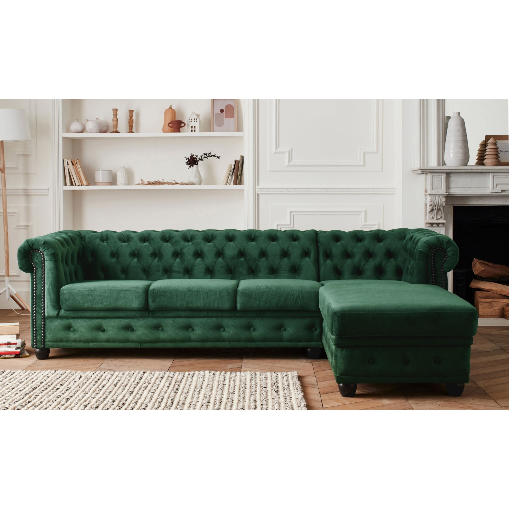 William - canapé Chesterfield d'angle droit - 4 places - en velours - Vert