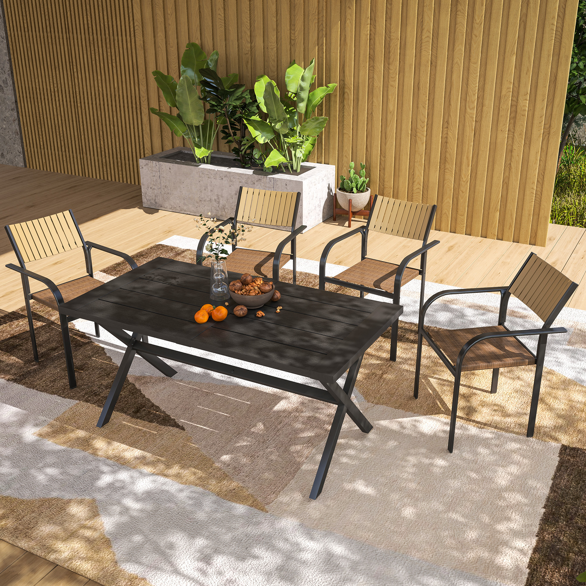Juego de 4 Sillas de Jardín Exterior Sillas Terraza Exterior Apilables Sillón de Comedor con Tela Transpirable Marco de Acero Reposabrazos y Respaldo 58x65x85 cm Marrón
