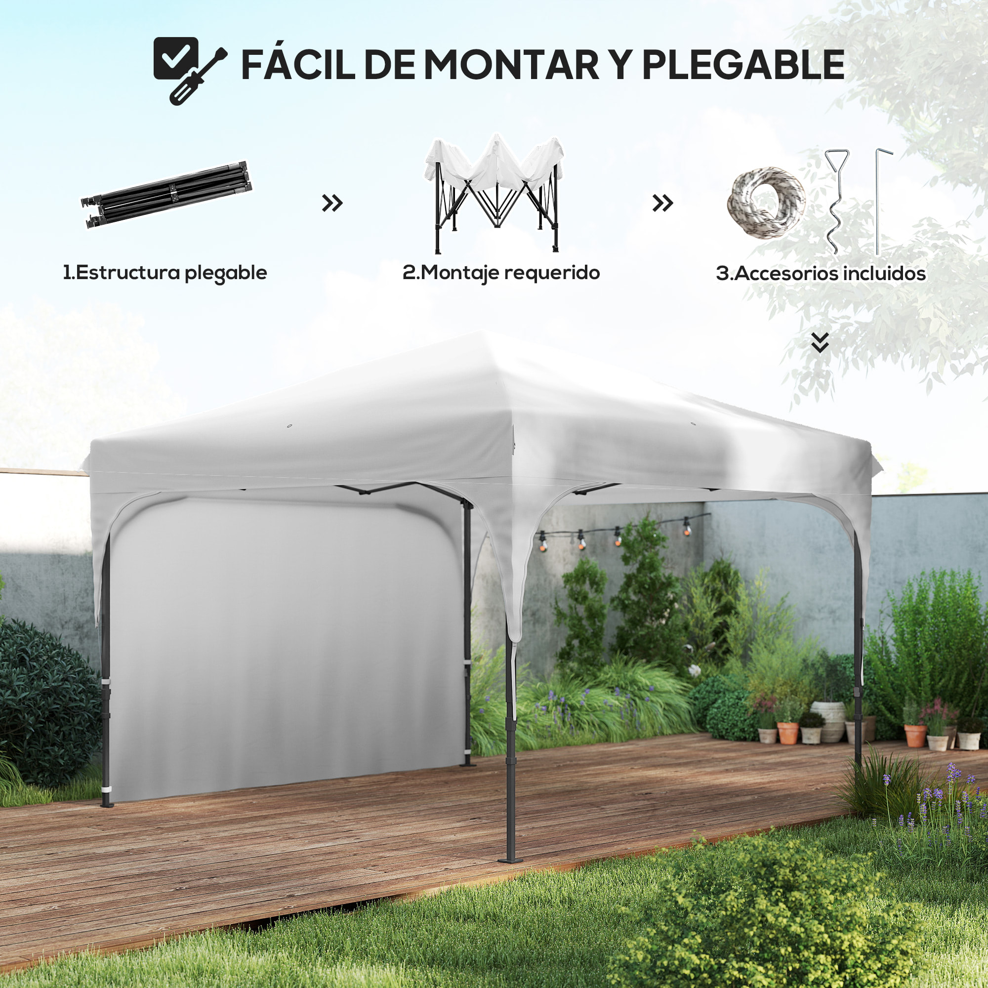 Carpa Plegable 3x3 m Altura Ajustable Cenador de Jardín con Lateral Desmontable Techo de Ventilación 4 Sacos de Arena y Bolsa de Transporte para Camping Fiestas Blanco