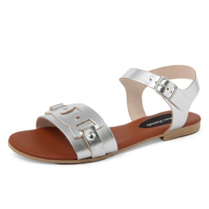 Sandali Flat Made in Italy in pelle colore Argentato, Altezza tacco 1,2 cm