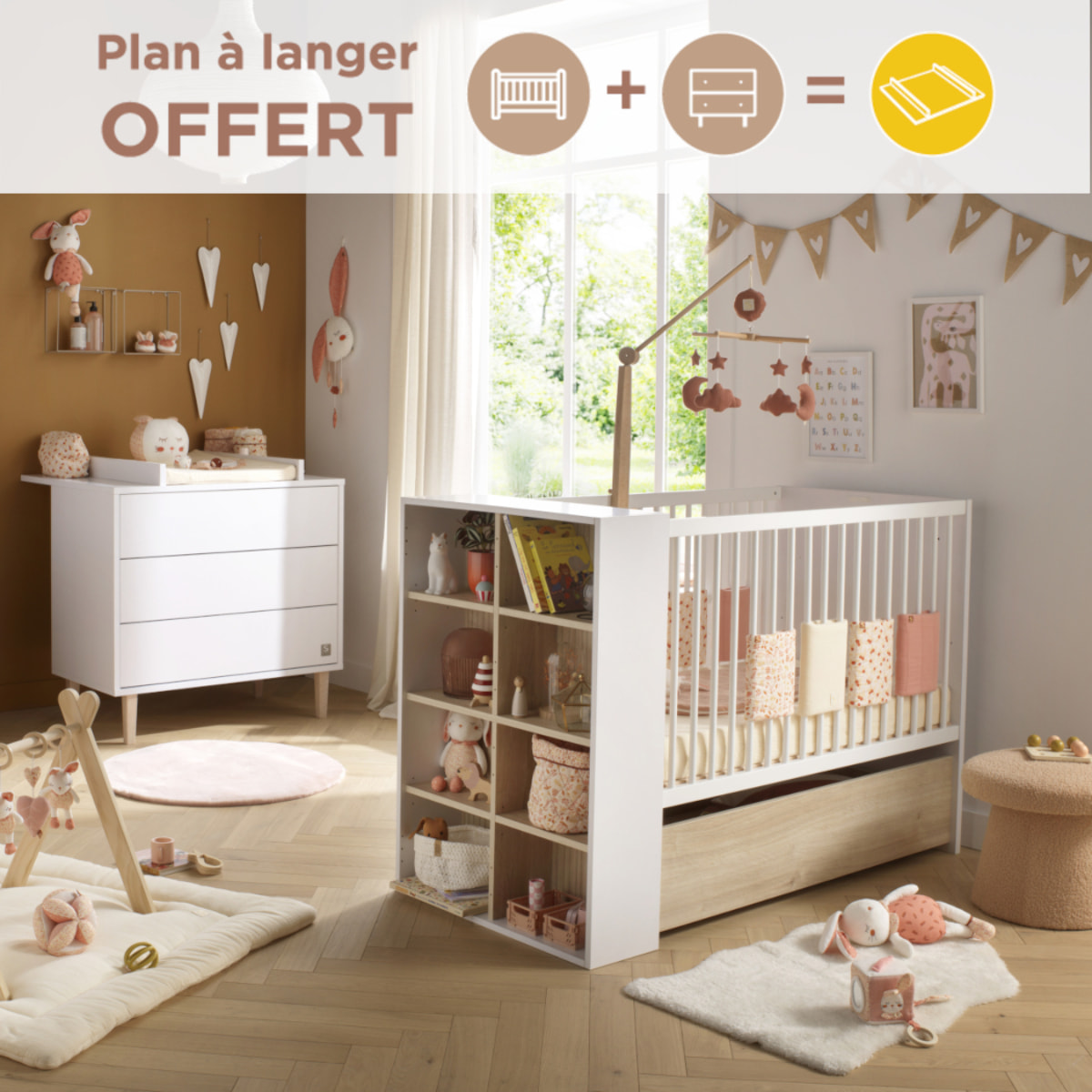 Chambre bébé évolutive Paloma, Lit 120x60 évolutif et Commode à langer 3 tiroirs - Chêne sépia