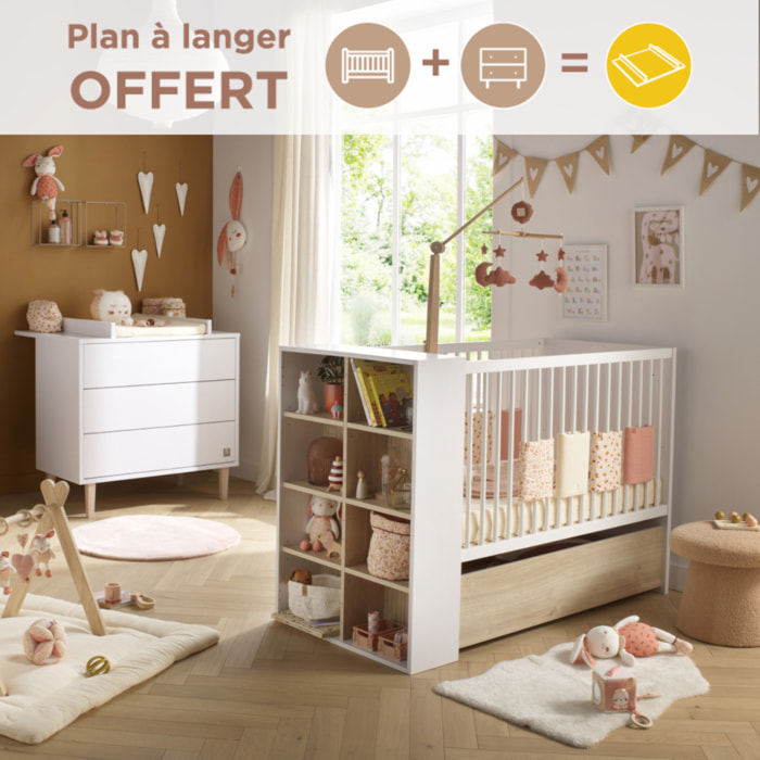 Chambre bébé évolutive Paloma, Lit 120x60 évolutif et Commode à langer 3 tiroirs - Chêne sépia