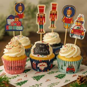Set para cupcakes de navidad de 72pzs - 36 moldes de papel y 36 palillos decorativos con diseños navideños