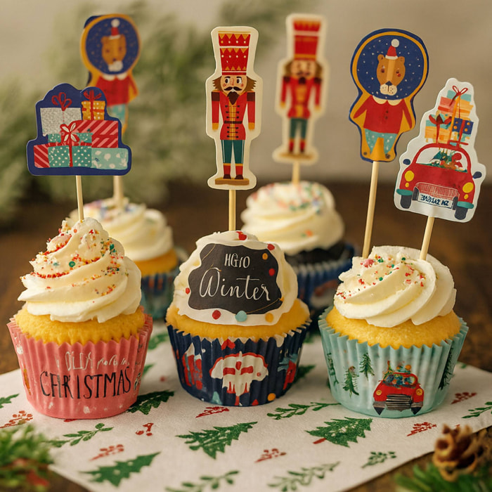 Set para cupcakes de navidad de 72pzs - 36 moldes de papel y 36 palillos decorativos con diseños navideños